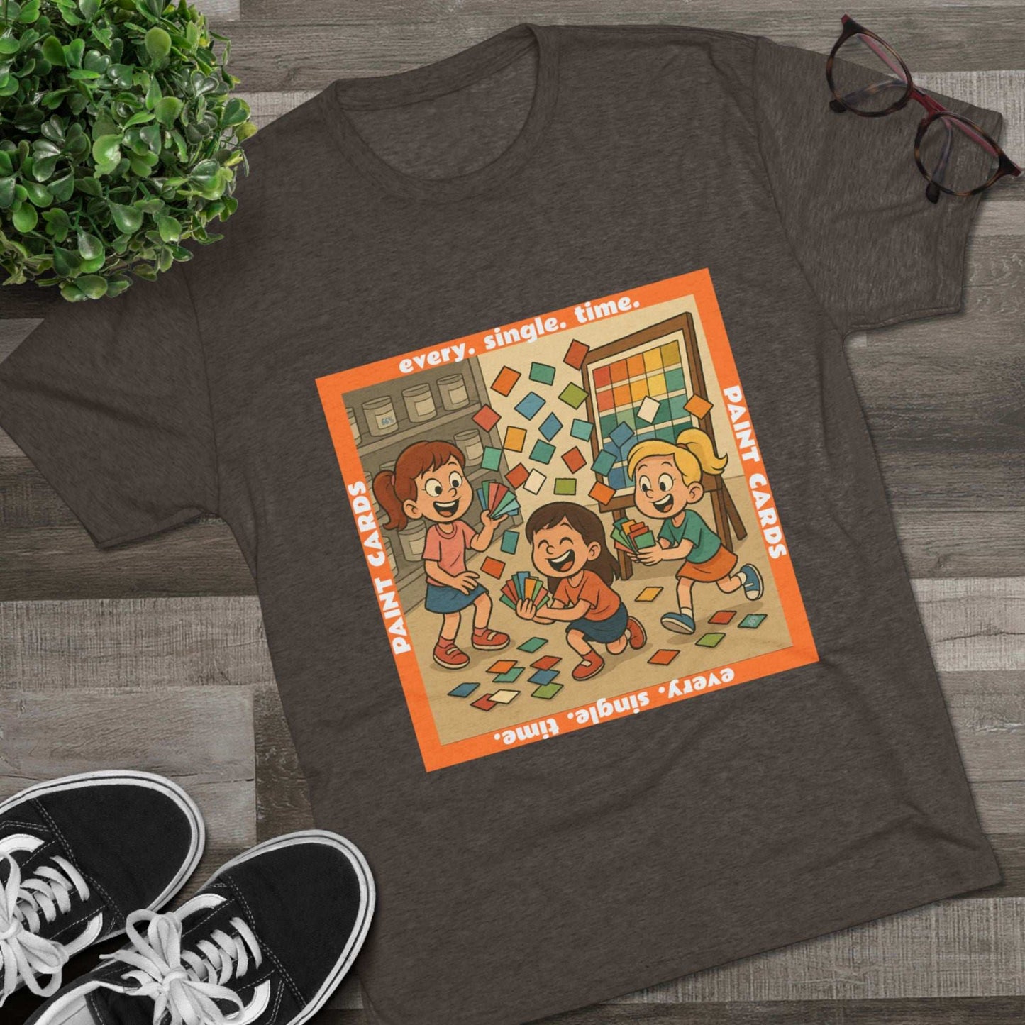 Paint Cards Every Single Time 66% Tri-Blend Tee — graphic t-shirt, flat-lay with cartoon kids and paint swatches, orange bordered square design, casual unisex style
