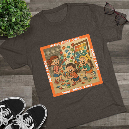 Paint Cards Every Single Time 66% Tri-Blend Tee — graphic t-shirt, flat-lay with cartoon kids and paint swatches, orange bordered square design, casual unisex style