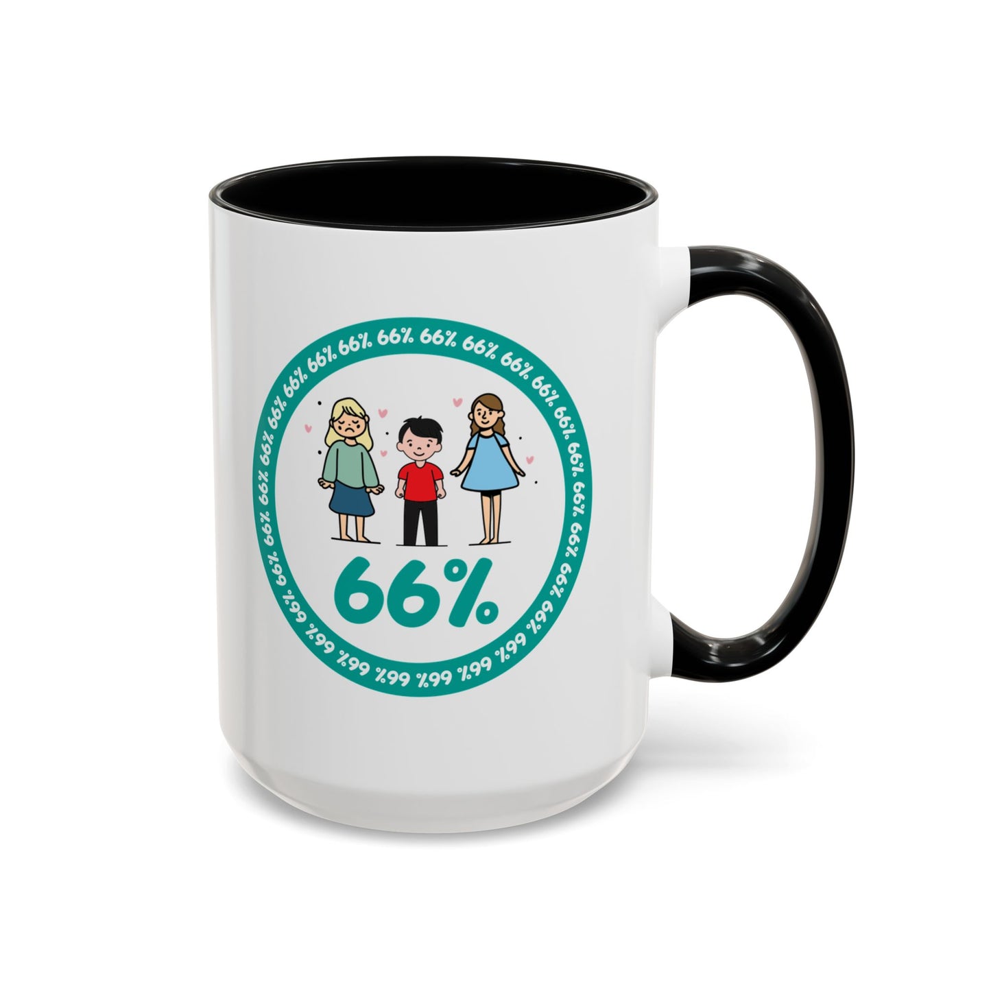 White mug with black handle showing a graphic: a teal circle of repeating ‘66%’ text, three cartoon kids inside the circle, and a prominent ‘66%’ at the bottom.