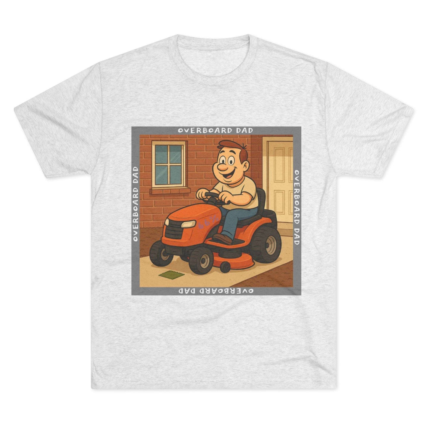 Overboard Dad Mower 66% Tri-Blend Tee — graphic tee, flat-lay with cartoon dad on ride-on mower, gray ‘OVERBOARD DAD’ square border, 66% decal, casual vintage style.