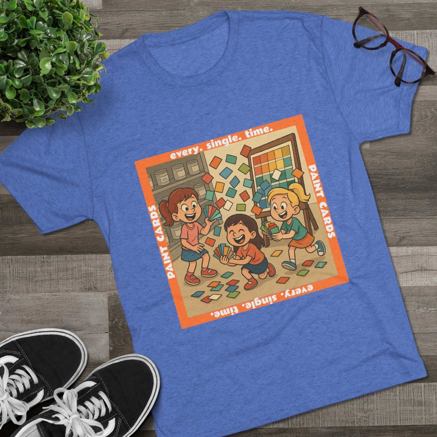 Paint Cards Every Single Time 66% Tri-Blend Tee — graphic t-shirt, flat-lay with cartoon kids and paint swatches, orange bordered square design, casual unisex style