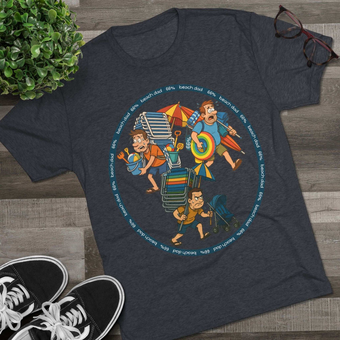 Cartoon dad overloaded with beach gear in three chaotic poses, “Beach Dad 66%” design on bright blue tri-blend tee – funny parenting shirt by 66 Percent