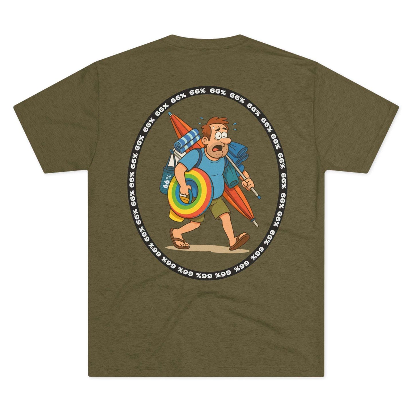 Tri-blend tee featuring large central circular graphic of overwhelmed ‘Beach Dad’ loaded down with chairs, umbrella, floatie and towels, with ‘66% beach dad’ ring