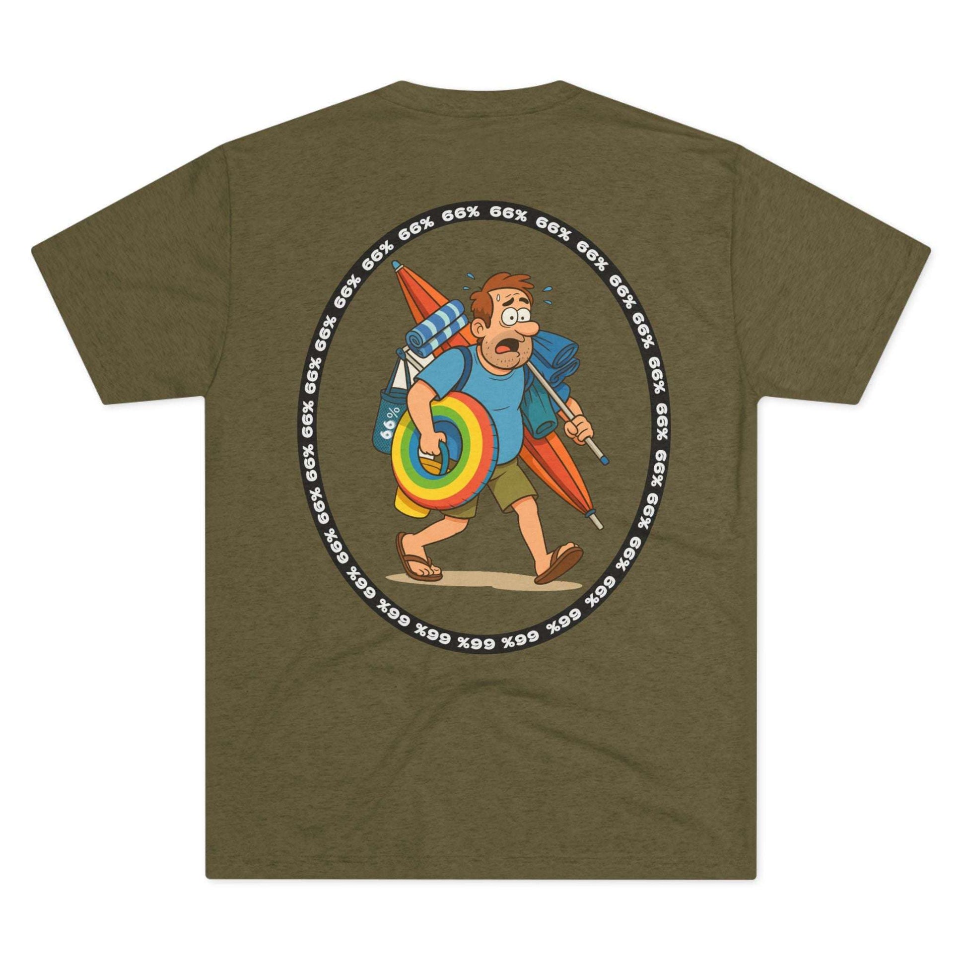 Tri-blend tee featuring large central circular graphic of overwhelmed ‘Beach Dad’ loaded down with chairs, umbrella, floatie and towels, with ‘66% beach dad’ ring