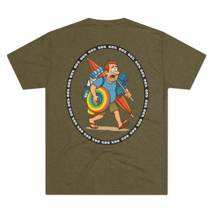 Tri-blend tee featuring large central circular graphic of overwhelmed ‘Beach Dad’ loaded down with chairs, umbrella, floatie and towels, with ‘66% beach dad’ ring