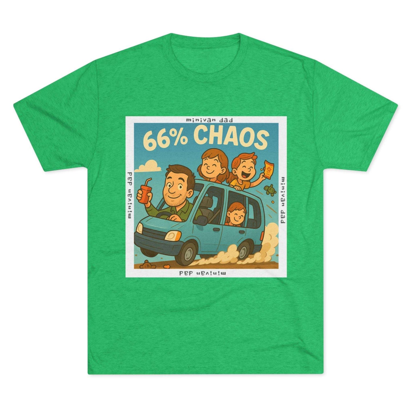 Cartoon dad driving minivan with three excited kids and snacks flying, “66% Chaos” design on dark heather tee – 66 Percent parenting apparel