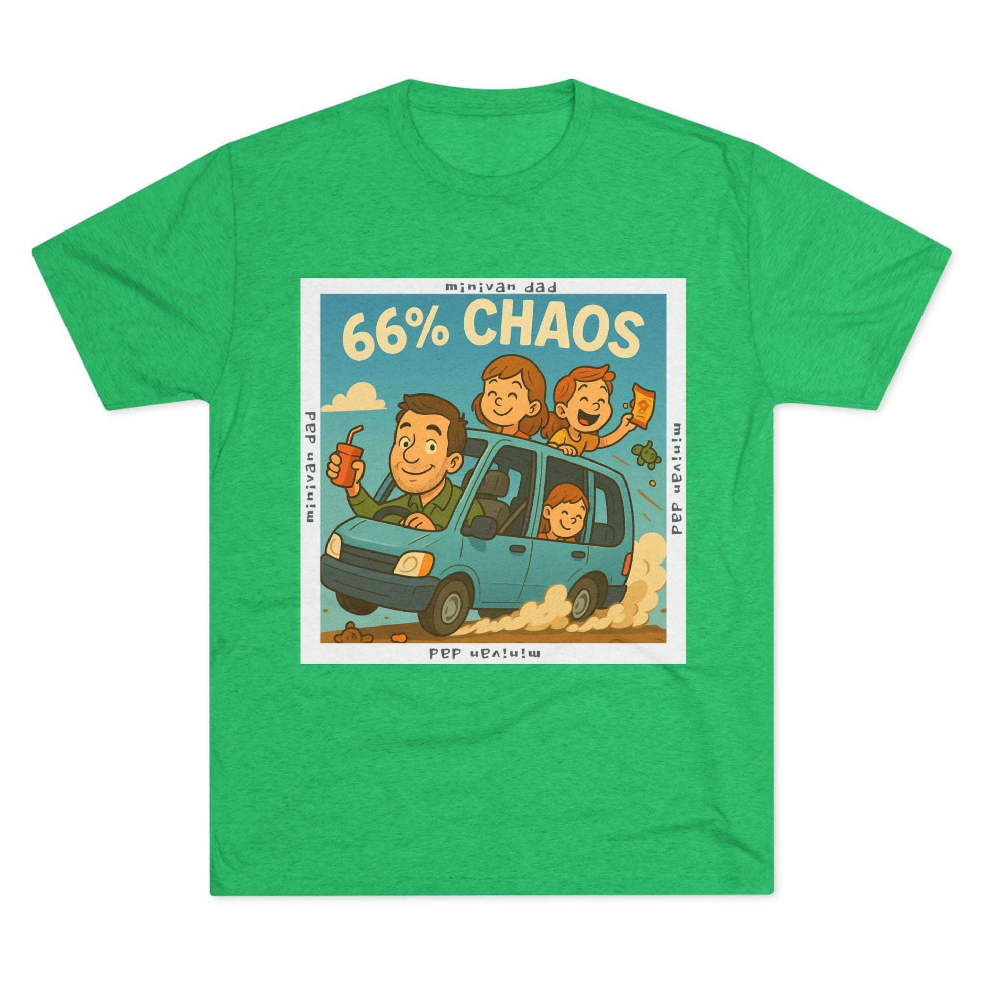 Cartoon dad driving minivan with three excited kids and snacks flying, “66% Chaos” design on dark heather tee – 66 Percent parenting apparel