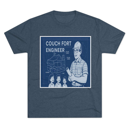 Couch Fort Engineer T-Shirt —Blueprint-style schematic of a couch fort with labeled pillows and blanket, plus a hard-hat dad holding plans.