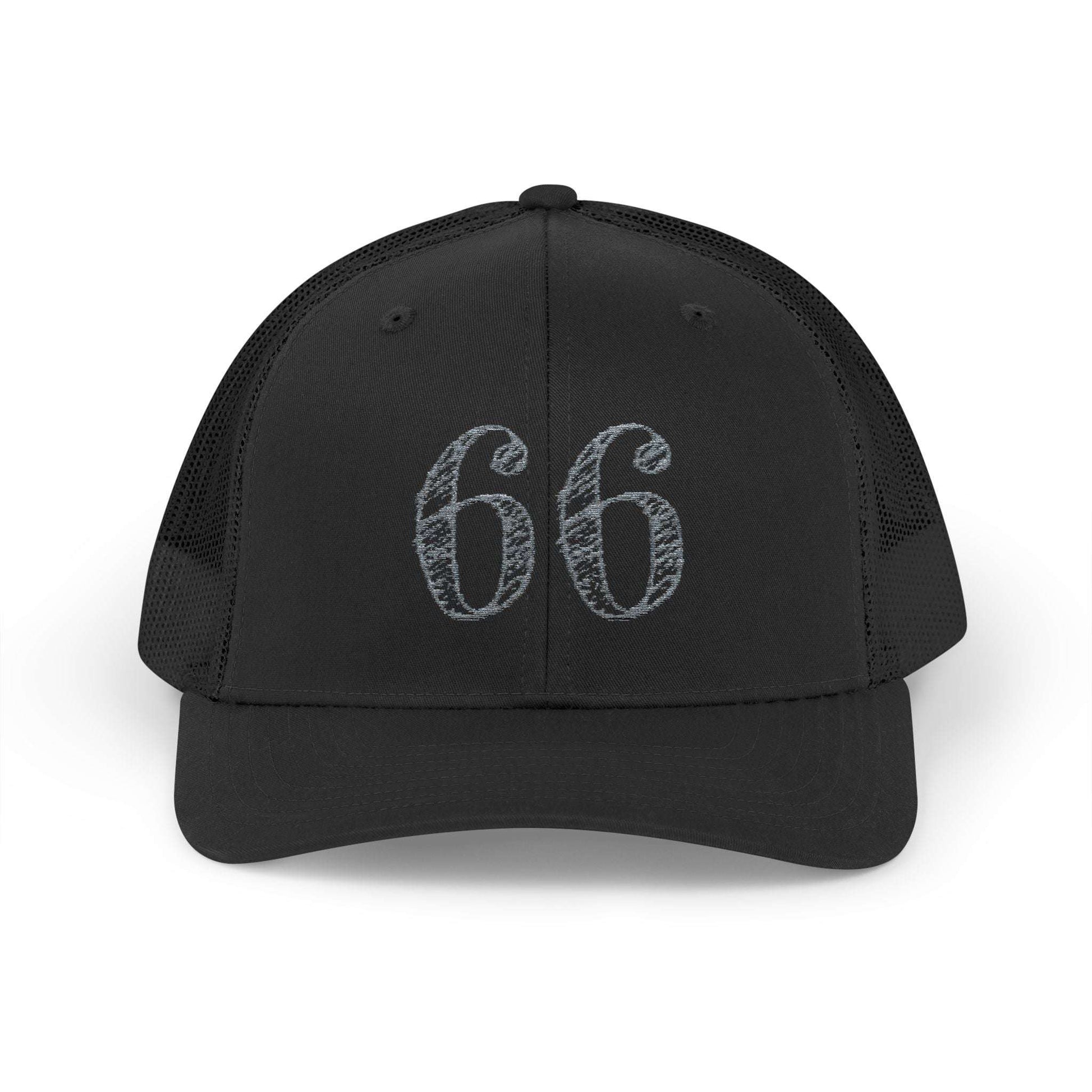 Mesh-back trucker hat with distressed ‘66’ printed on the front panel