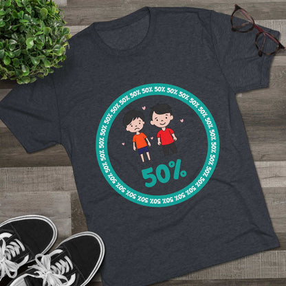 Original Boy Boy 50% Tri-Blend Tee — graphic t-shirt flat-lay, cartoon siblings inside teal 50% circle, repeating 50% pattern, bold 50% text, casual unisex style.