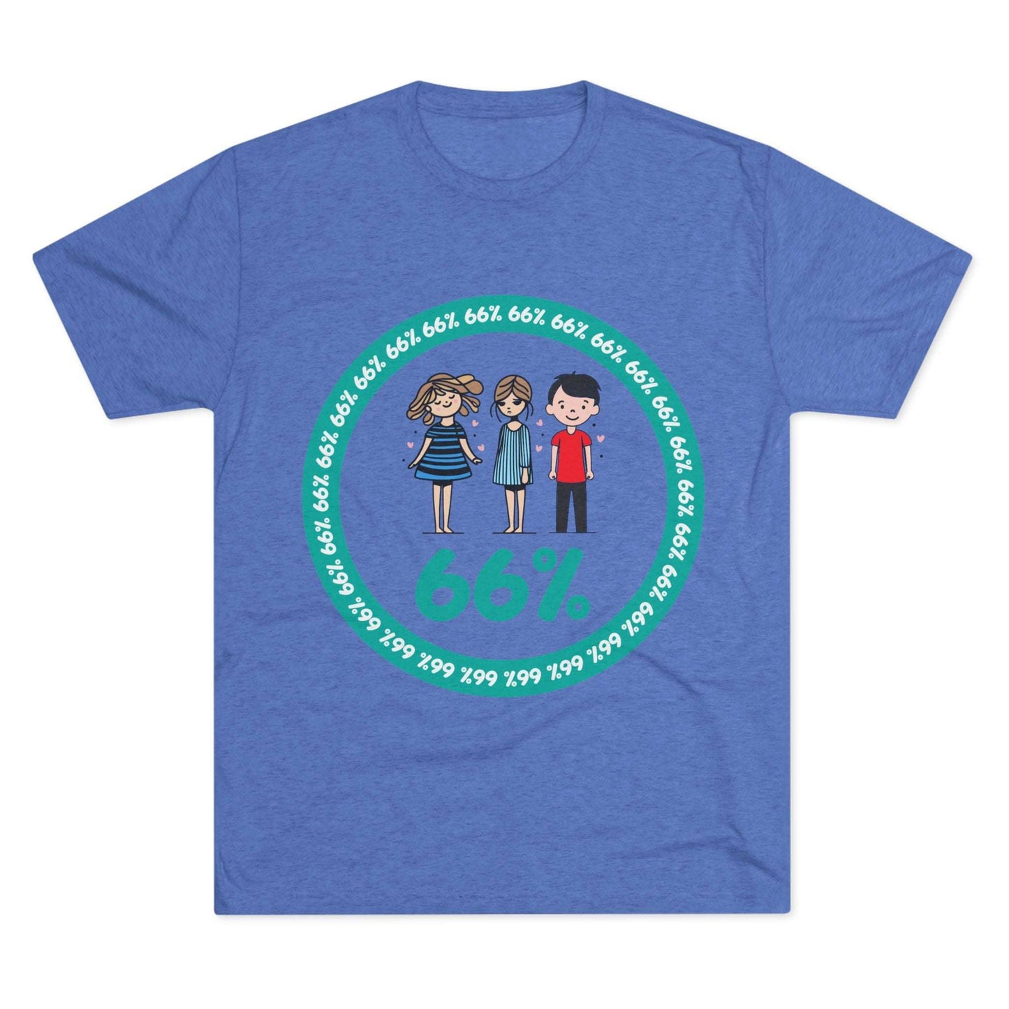 Flat-lay of tri-blend tee with two cartoon girls and one boy inside a teal 66% circle and repeating 66% border