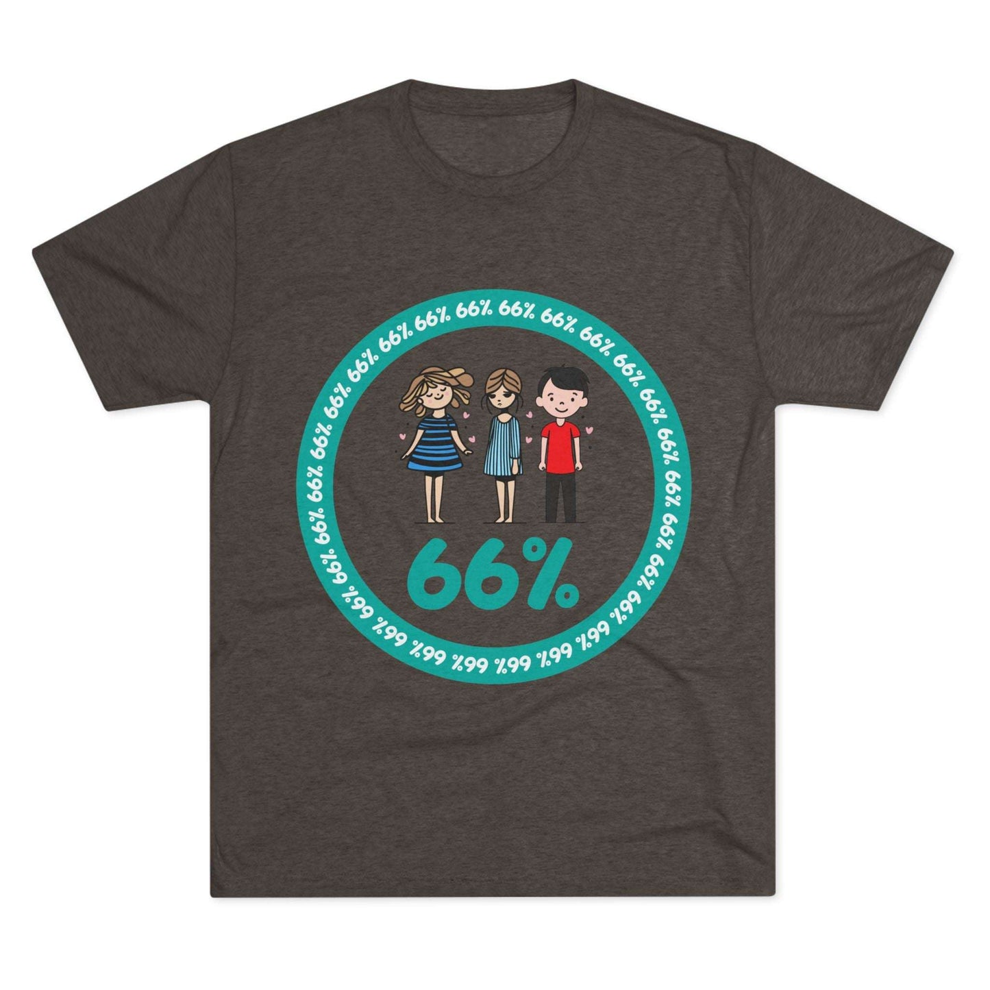 Flat-lay of tri-blend tee with two cartoon girls and one boy inside a teal 66% circle and repeating 66% border