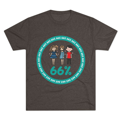 Flat-lay of tri-blend tee with two cartoon girls and one boy inside a teal 66% circle and repeating 66% border