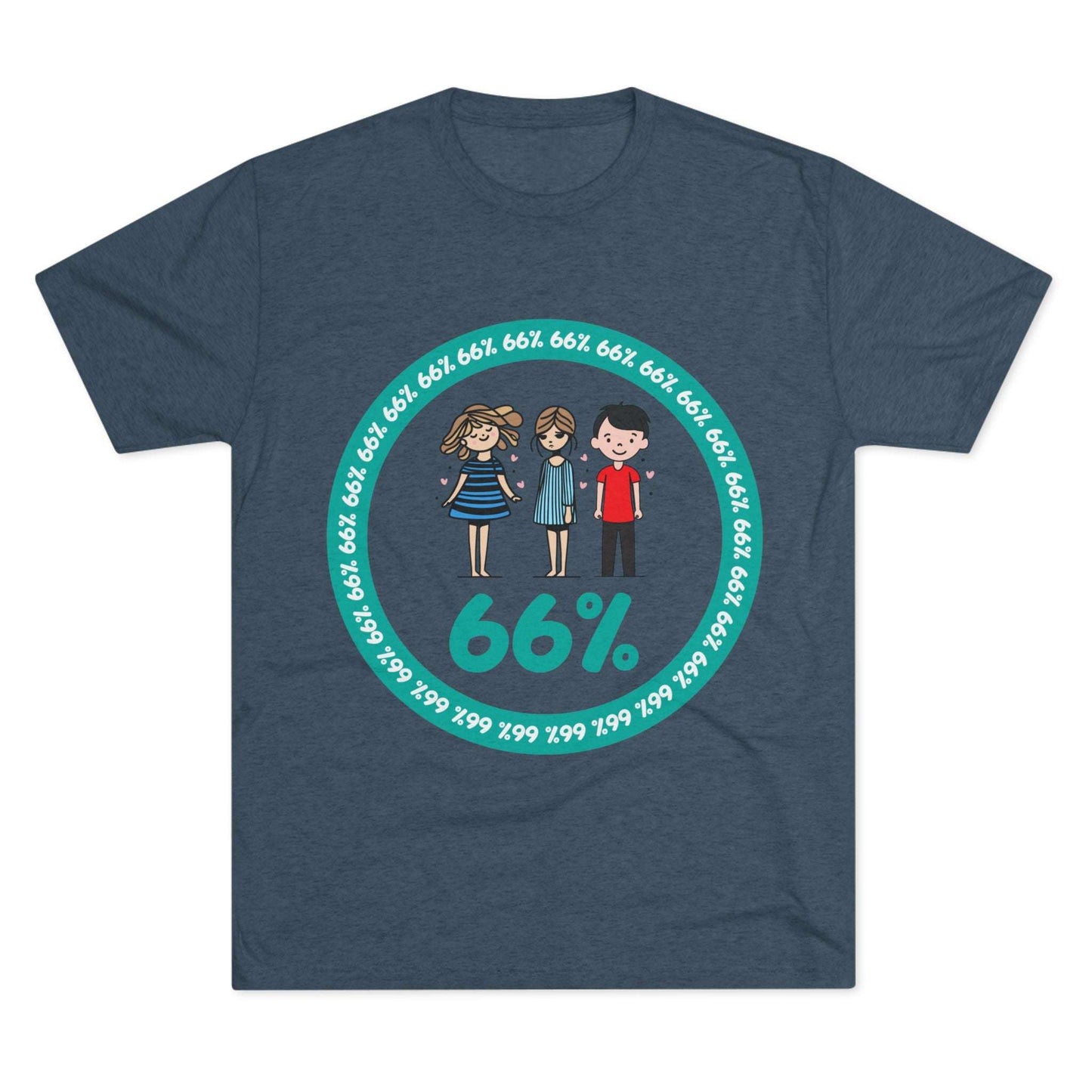 Flat-lay of tri-blend tee with two cartoon girls and one boy inside a teal 66% circle and repeating 66% border