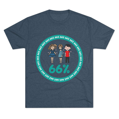 Flat-lay of tri-blend tee with two cartoon girls and one boy inside a teal 66% circle and repeating 66% border