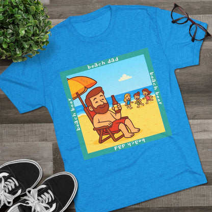 Beach Dad drinking beer on the sand with kids playing – 66% Tri-Blend Tee