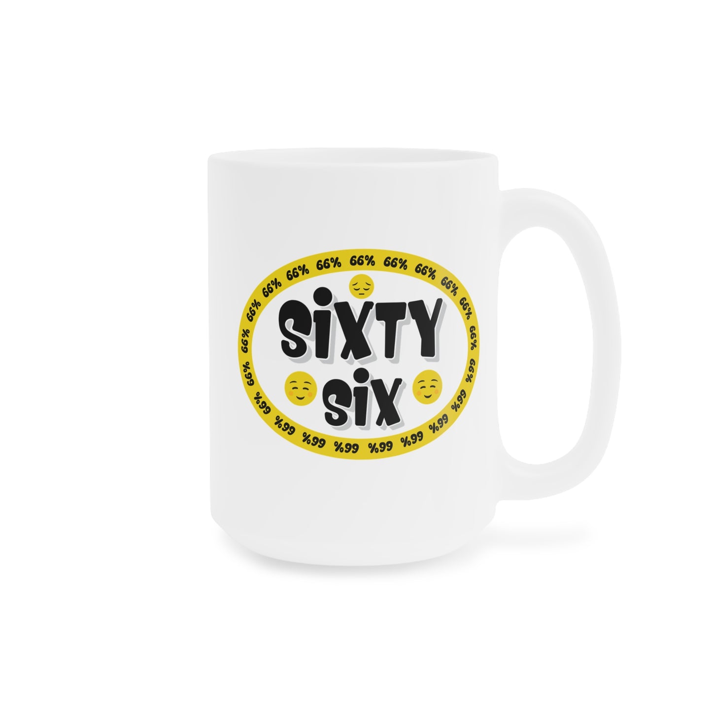 Graphic mug showing ‘Sixty Six’ in bold black type surrounded by a yellow border of small ‘66%’ repeats, with 2 cheerful emoji faces and 1 sad face.