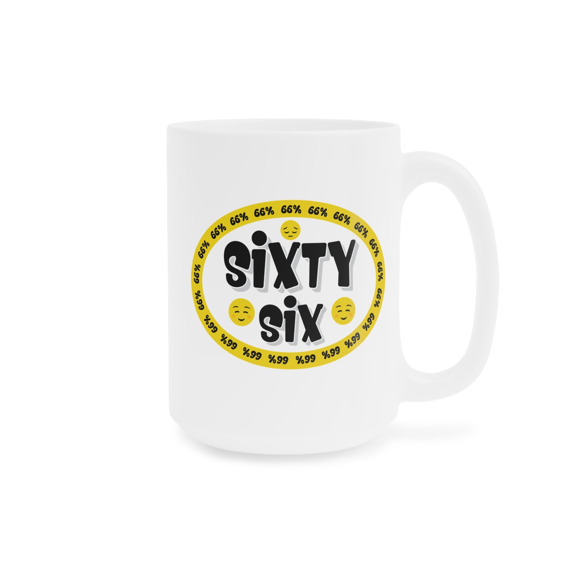 Graphic mug showing ‘Sixty Six’ in bold black type surrounded by a yellow border of small ‘66%’ repeats, with 2 cheerful emoji faces and 1 sad face.