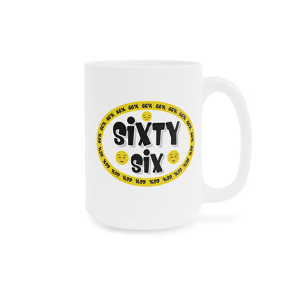 Graphic mug showing ‘Sixty Six’ in bold black type surrounded by a yellow border of small ‘66%’ repeats, with 2 cheerful emoji faces and 1 sad face.