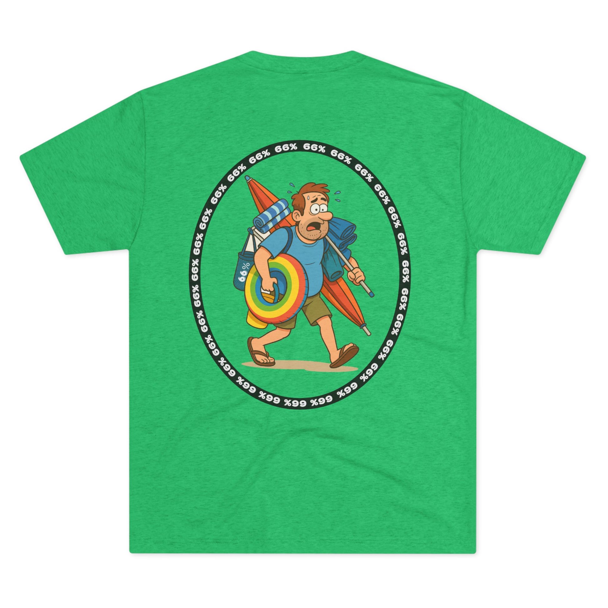 Retro 66% Charged Beach Dad Tri-Blend Tee (back view), featuring a humorous cartoon dad carrying beach gear enclosed in a bold circular ‘66%’ frame