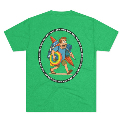 Retro 66% Charged Beach Dad Tri-Blend Tee (back view), featuring a humorous cartoon dad carrying beach gear enclosed in a bold circular ‘66%’ frame