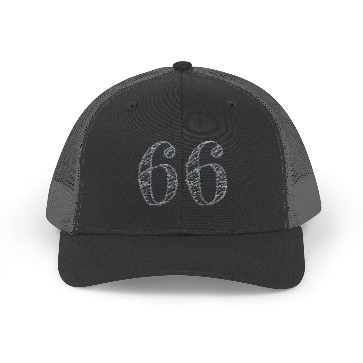 Mesh-back trucker hat with distressed ‘66’ printed on the front panel