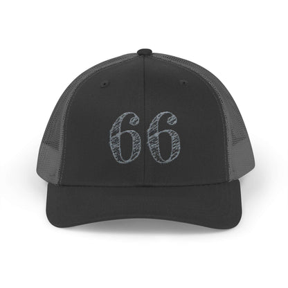 Mesh-back trucker hat with distressed ‘66’ printed on the front panel