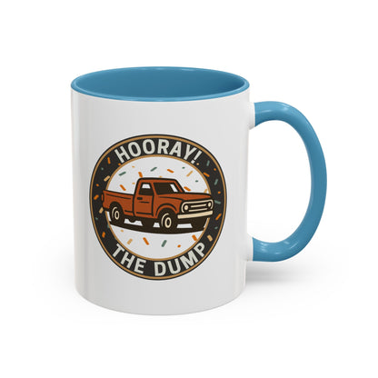Mug with blue interior and handle featuring a truck graphic and text on a white background