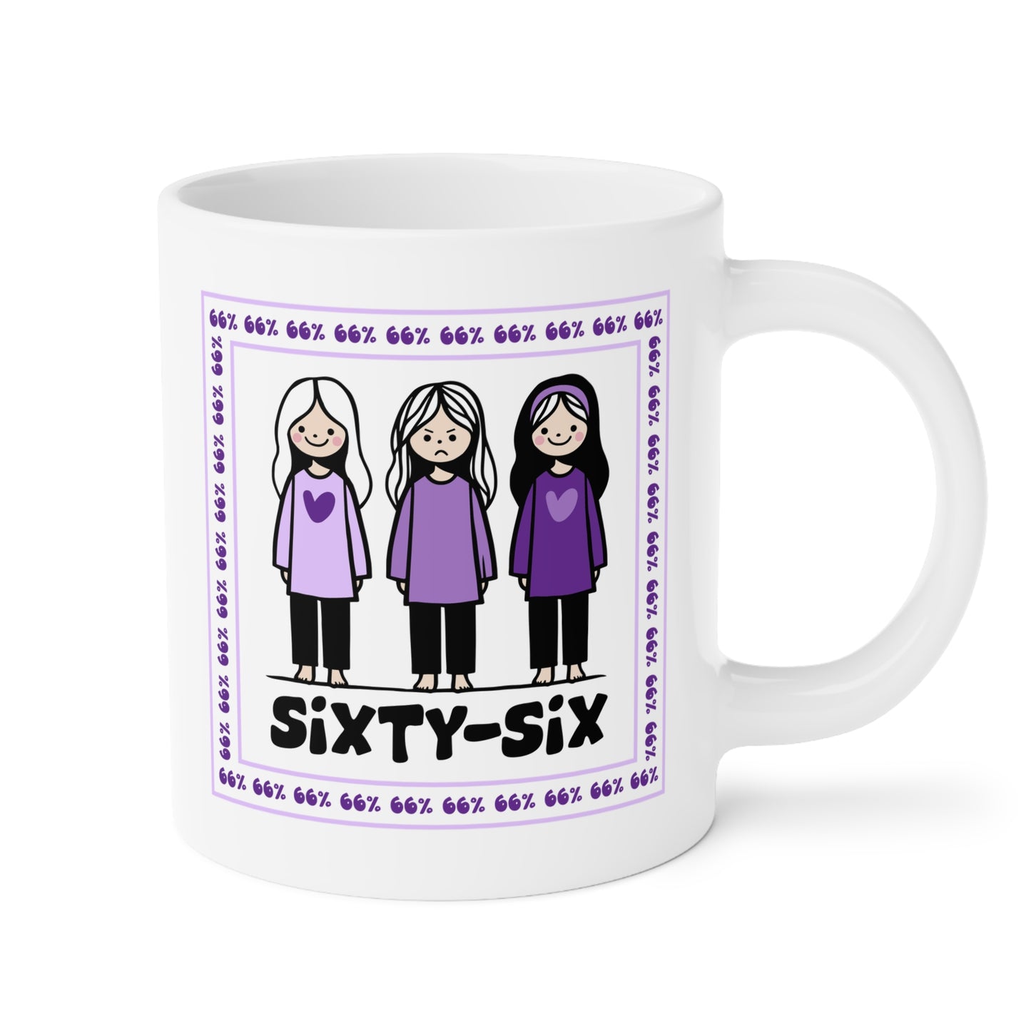 Coffee mug printed with a purple-bordered illustration: three girls in matching purple tops (one looking unhappy), encircled by ‘66%’ text, and the caption ‘SIXTY-SIX’ underneath.