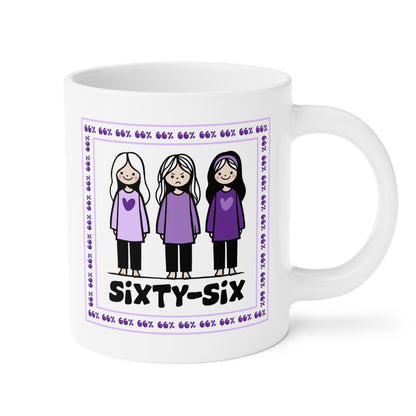 Coffee mug printed with a purple-bordered illustration: three girls in matching purple tops (one looking unhappy), encircled by ‘66%’ text, and the caption ‘SIXTY-SIX’ underneath.