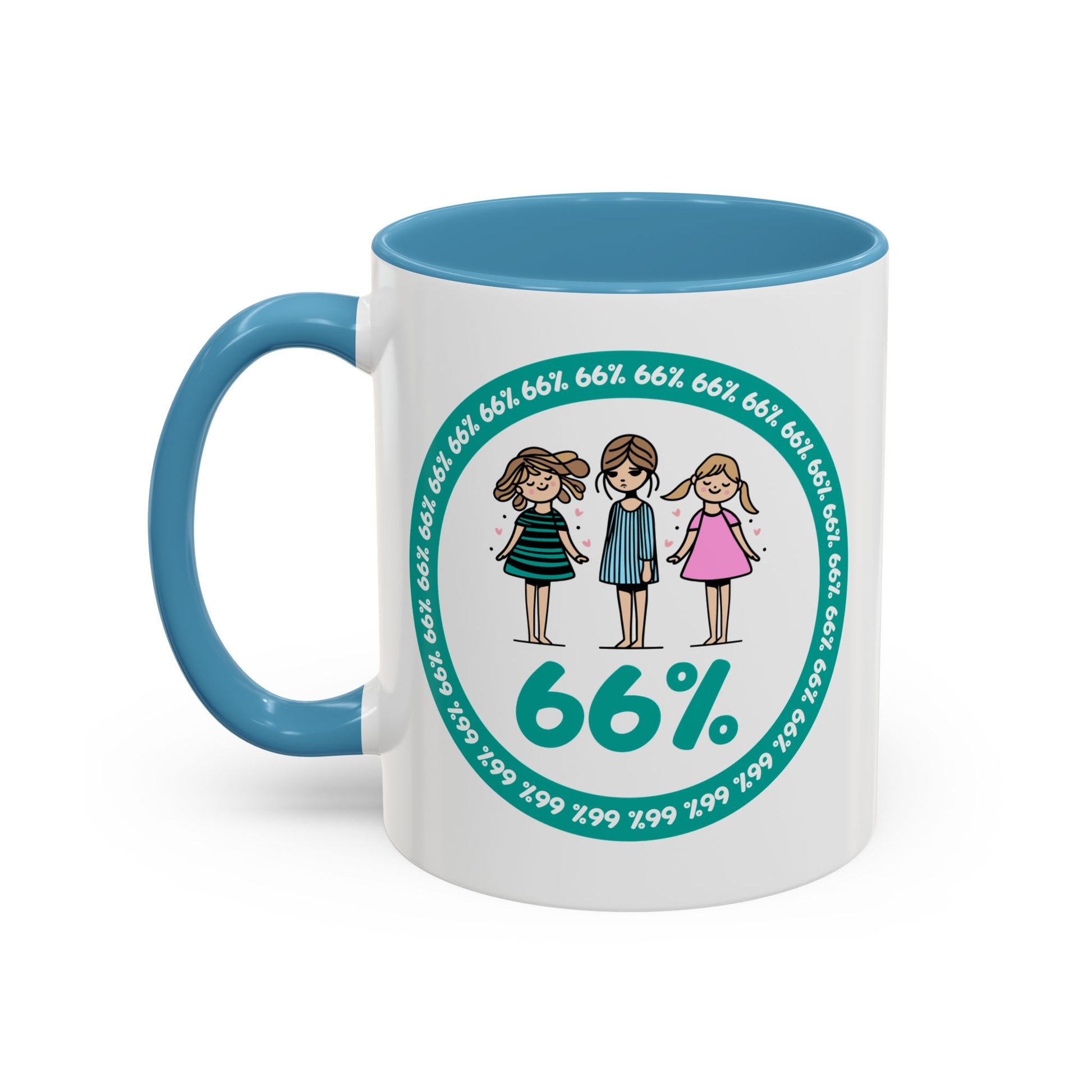 White 66% coffee mug with black handle, featuring three cute daughter illustrations in teal and pink—perfect gift for parents of three kids