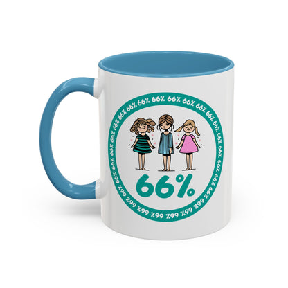 White 66% coffee mug with black handle, featuring three cute daughter illustrations in teal and pink—perfect gift for parents of three kids
