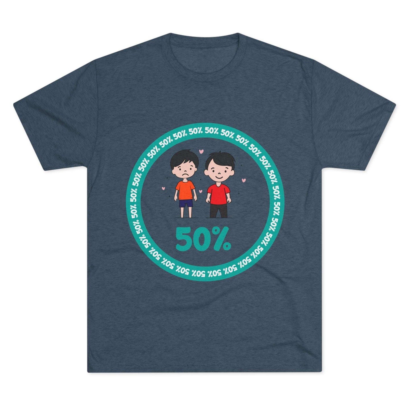 Original Boy Boy 50% Tri-Blend Tee — graphic t-shirt flat-lay, cartoon siblings inside teal 50% circle, repeating 50% pattern, bold 50% text, casual unisex style.