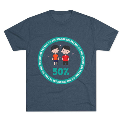 Original Boy Boy 50% Tri-Blend Tee — graphic t-shirt flat-lay, cartoon siblings inside teal 50% circle, repeating 50% pattern, bold 50% text, casual unisex style.