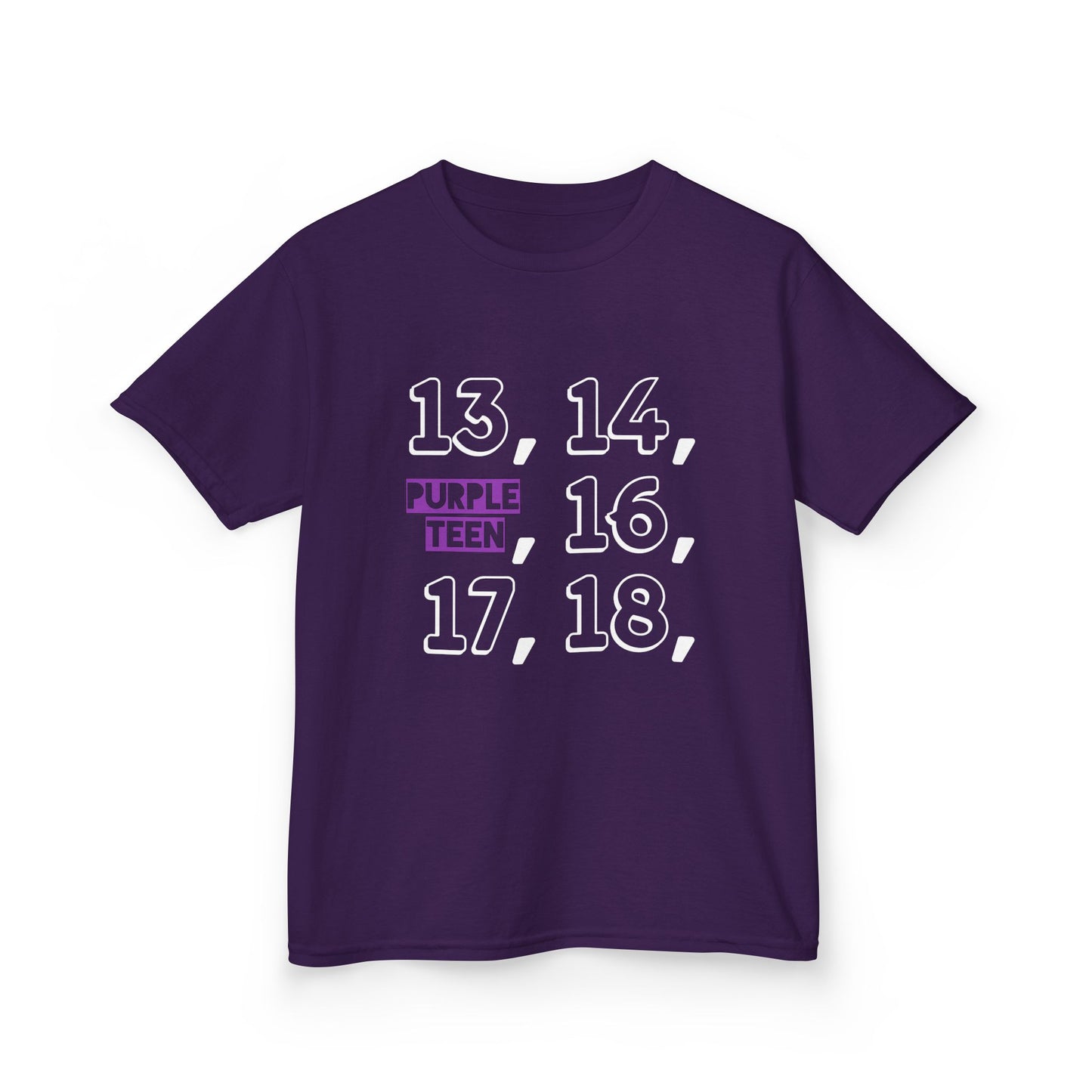Purple t-shirt with numbers and text on a white background
