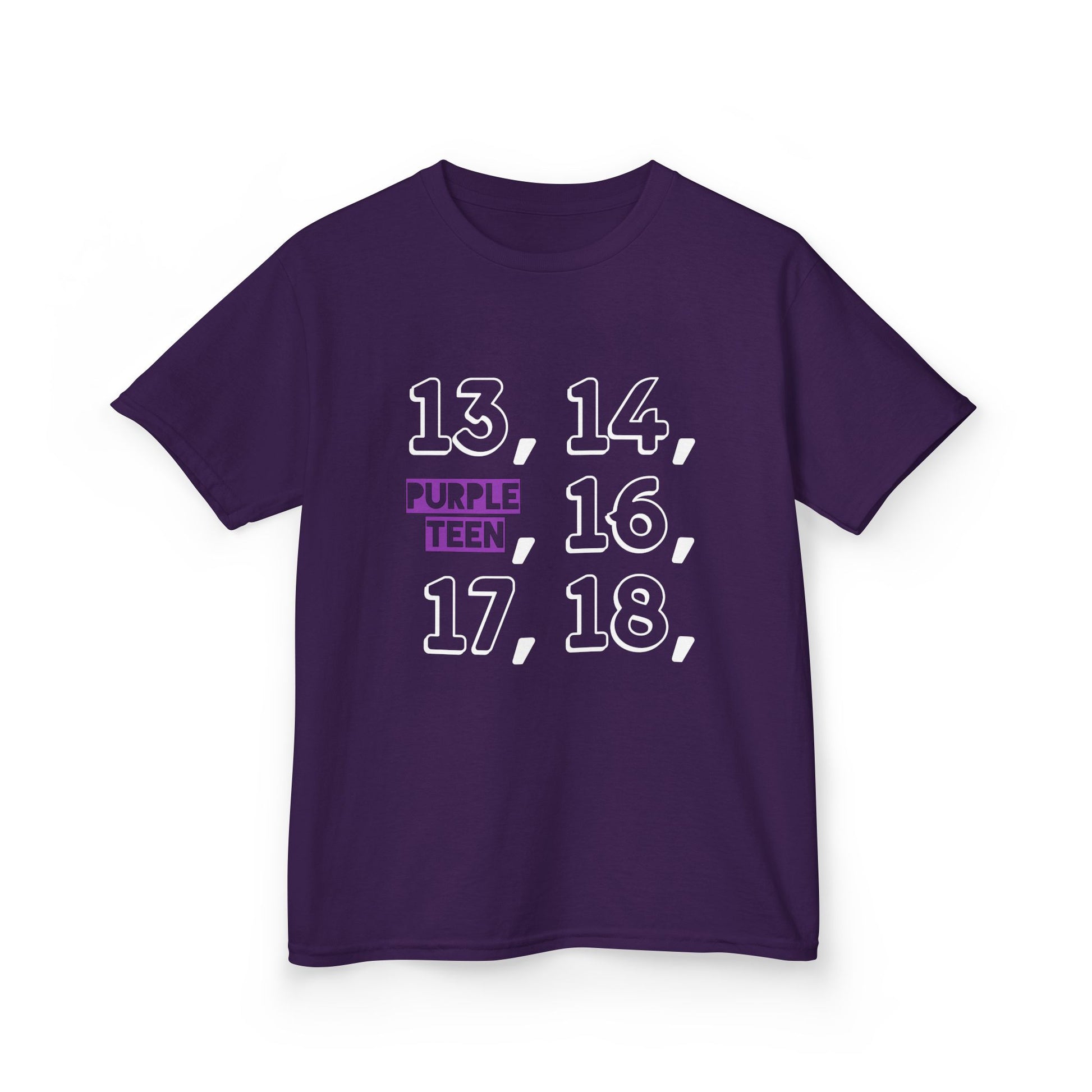 Purple t-shirt with numbers and text on a white background