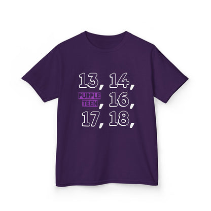 Purple t-shirt with numbers and text on a white background