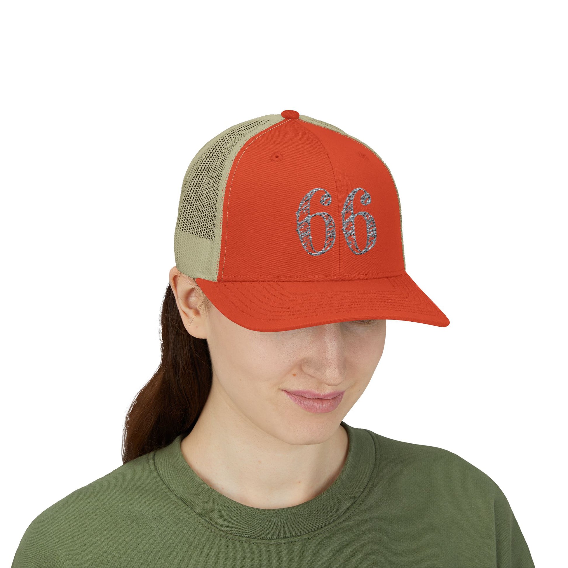 Mesh-back trucker hat with distressed ‘66’ printed on the front panel