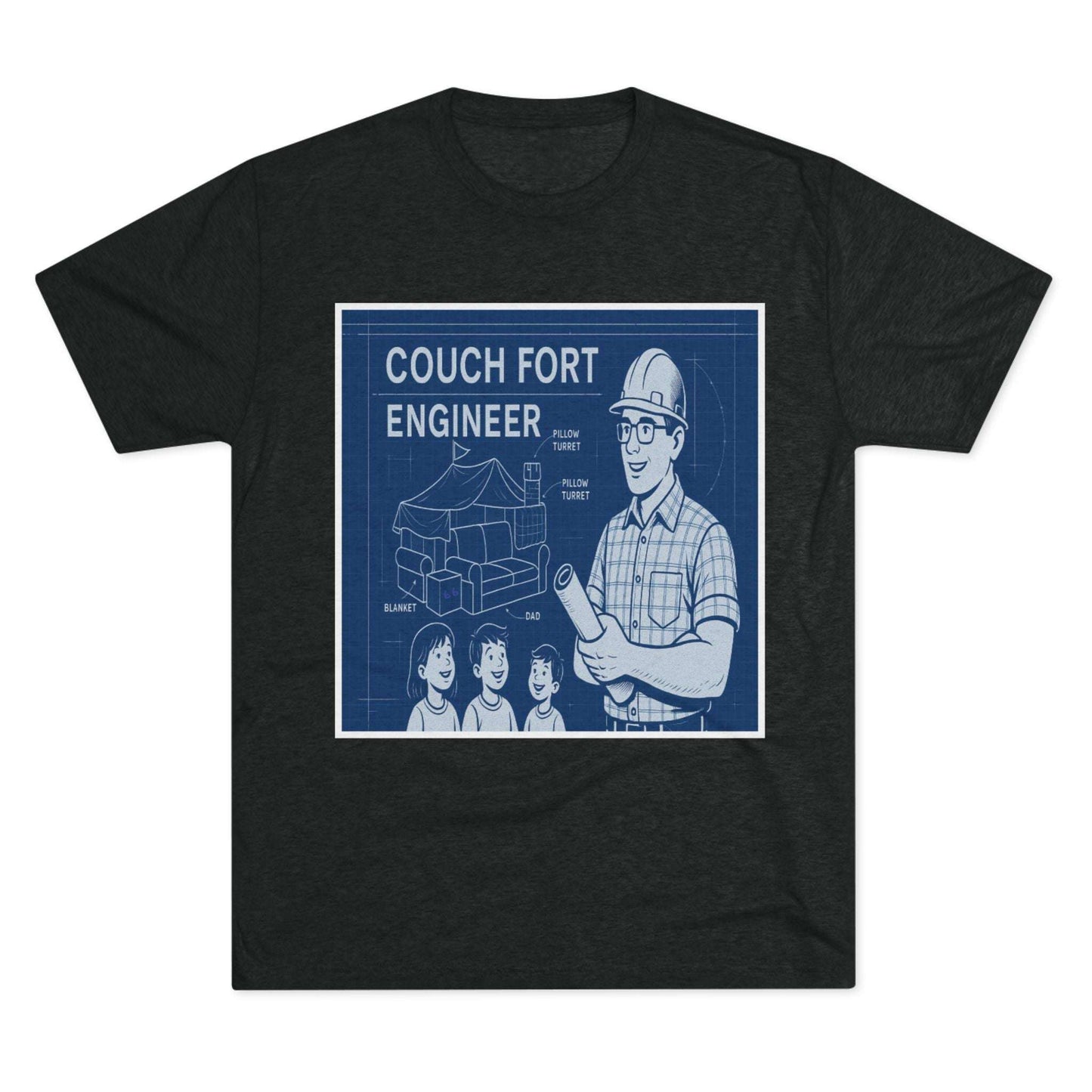 Couch Fort Engineer T-Shirt —Blueprint-style schematic of a couch fort with labeled pillows and blanket, plus a hard-hat dad holding plans.