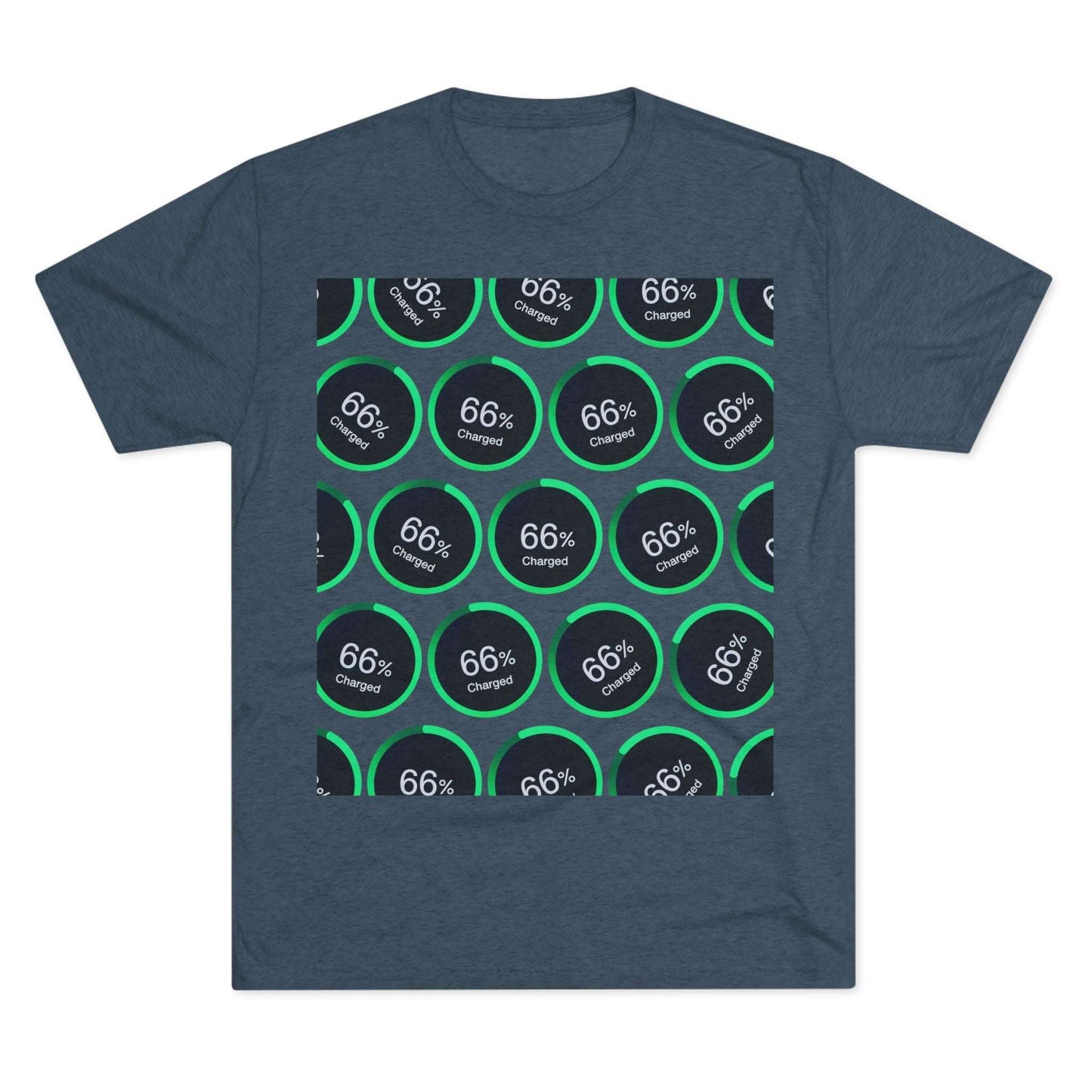 Retro 66% Charged Pattern Tee — tri-blend shirt, flat-lay battery gauge pattern, repeat “66% Charged” graphic, casual unisex style.