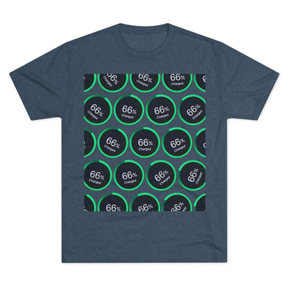 Retro 66% Charged Pattern Tee — tri-blend shirt, flat-lay battery gauge pattern, repeat “66% Charged” graphic, casual unisex style.