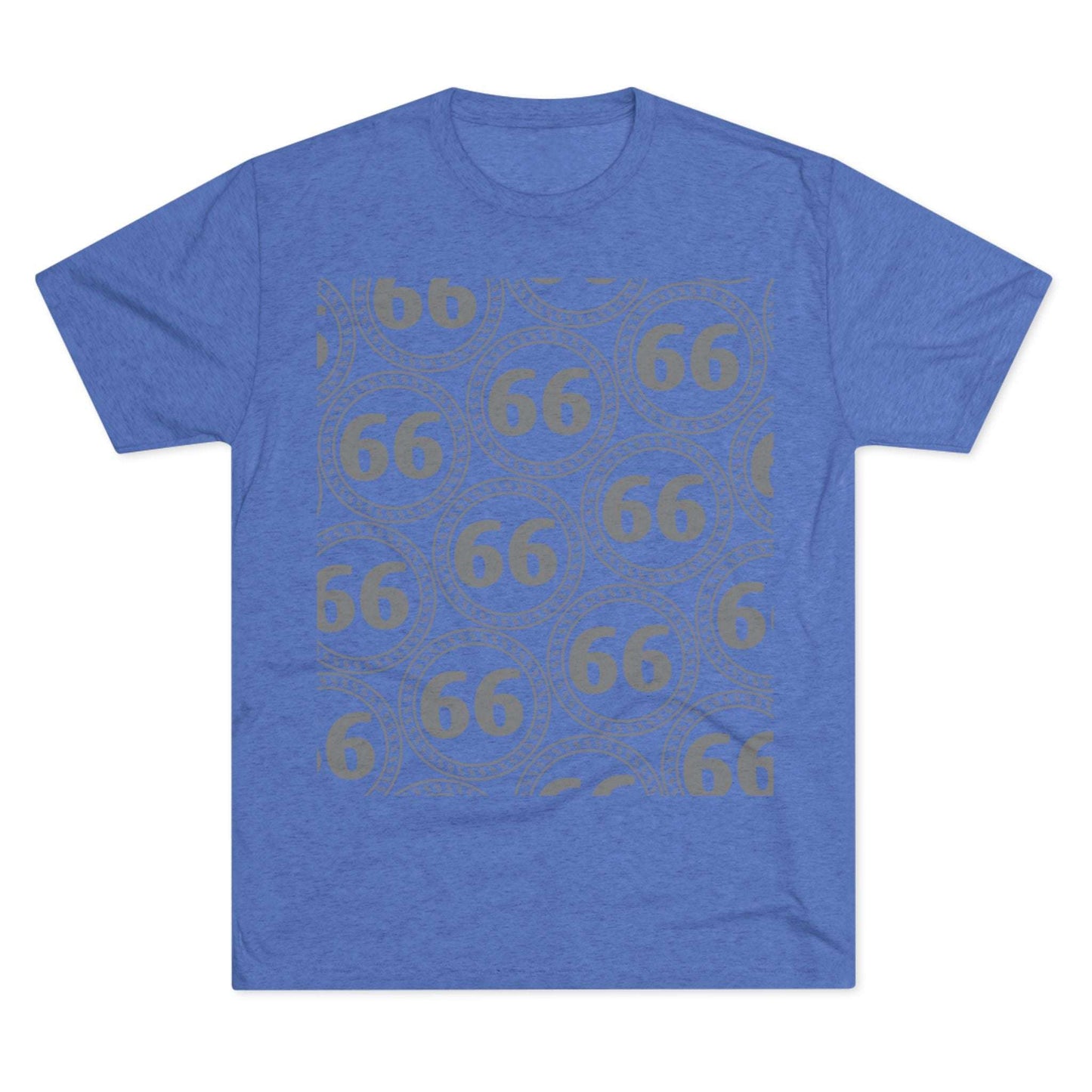 Retro 66% Pattern Tee— tri-blend graphic t-shirt flat-lay, repeating 66 circle pattern, casual vintage style.
