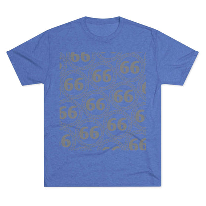 Retro 66% Pattern Tee— tri-blend graphic t-shirt flat-lay, repeating 66 circle pattern, casual vintage style.