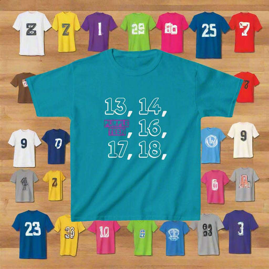 Collection of colorful t-shirts with various designs and numbers on a wooden background