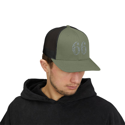 Mesh-back trucker hat with distressed ‘66’ printed on the front panel