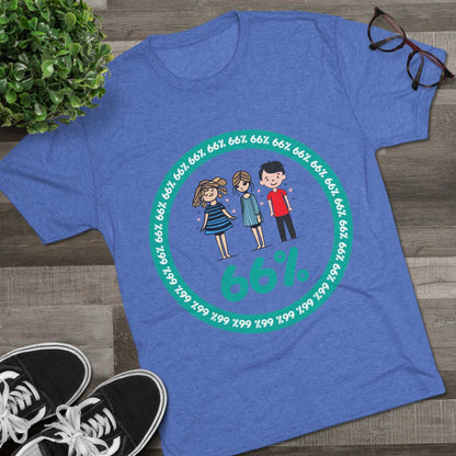 Flat-lay of tri-blend tee with two cartoon girls and one boy inside a teal 66% circle and repeating 66% border