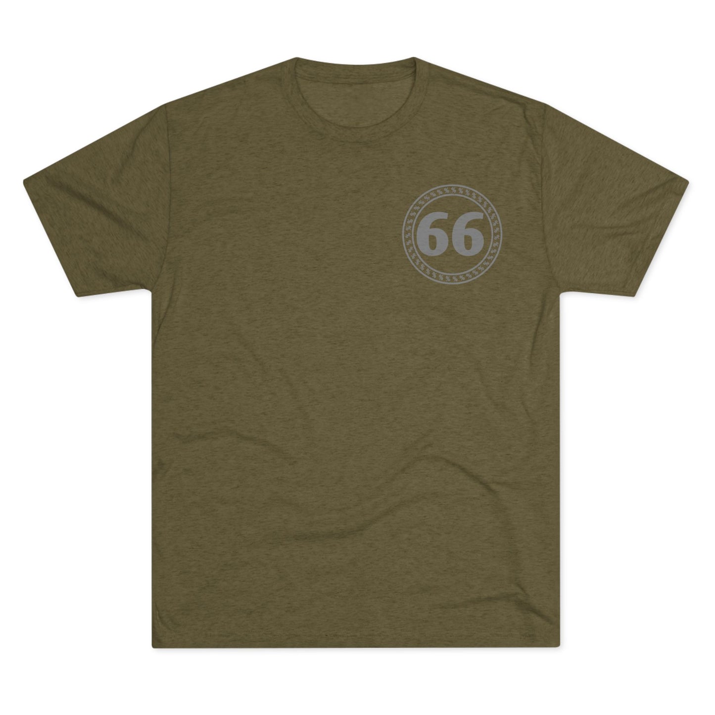 Retro 66% Tri-Blend Tee — flat-lay graphic t-shirt with circular 66 logo, heather blend, casual unisex style