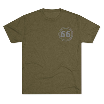 Retro 66% Tri-Blend Tee — flat-lay graphic t-shirt with circular 66 logo, heather blend, casual unisex style