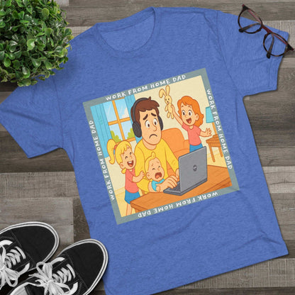 Work From Home Dad 66% Tri-Blend Tee — graphic tee flat-lay, cartoon dad with headphones typing on 66% laptop, three kids demanding attention, green WORK FROM HOME DAD square border, casual unisex style.