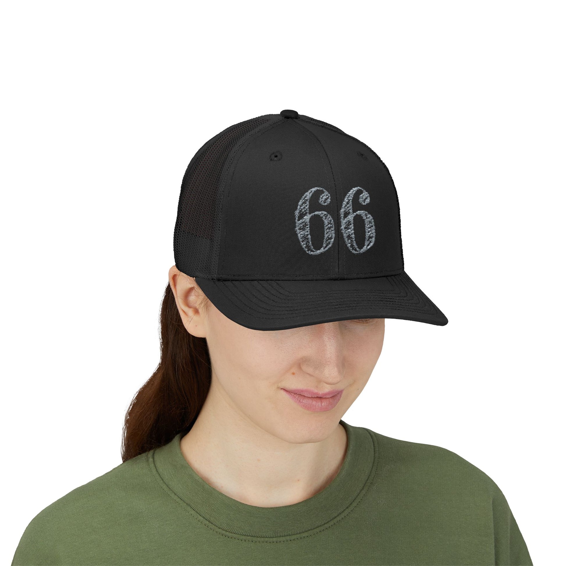 Mesh-back trucker hat with distressed ‘66’ printed on the front panel